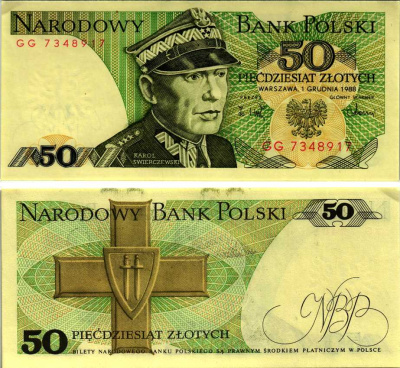 Польша 50 злотых 1988 Кароль Сверчевский, знак Грюнвальдского ордена Pick 142 c бумага аUNC 8607-72-1-1