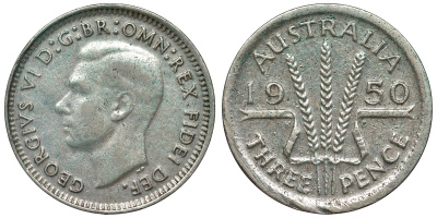 Австралия 3 пенса 1950 m, Георг VI (1937-1952), без букв KM 44 серебро 71-246