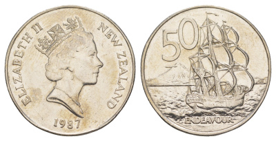 Новая Зеландия 50 центов 1987 Елизавета II (1952-2022), парусник Индевор KM 63 медно-никель 3460-133