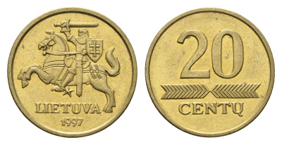 Литва 20 центов (сентов) 1997 KM 107 никель латунь 4689-1131