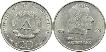 ГДР 20 марок 1972 А, Фридрих Шиллер (1759-1805) KM 40 медно-никель 4394-332