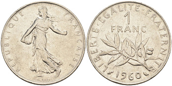 Франция 1 франк 1960 сеятель, тип Semeuse KM 925, Le Franc 226.5 никель 4592-1055