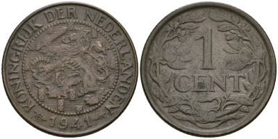 Нидерланды 1 цент 1941 Вильгельмина (1890-1948) KM 152 бронза 4576-1147