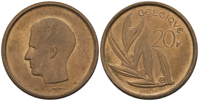 Бельгия 20 франков 1981 Belgique, Бодуэн I (1951-1993) KM 159 никель-бронза 60-1225