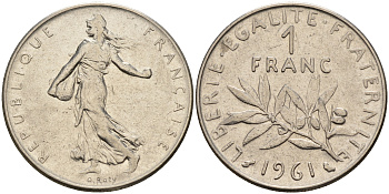 Франция 1 франк 1961 сеятель KM 925.1 никель    4153-436
