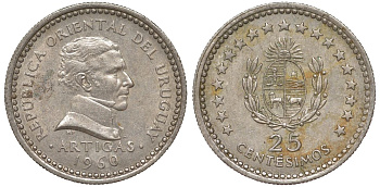 Уругвай 25 сентесимо 1960 KM 40 медно-никель 4532-124