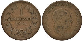 Баден 1 крейцер 1851 Леопольд I (1830-1852) KM 218.2 медь 413-5314