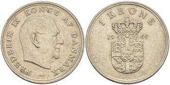 ДАНИЯ 1 КРОНА 1966 C; S, ФРЕДЕРИК IX (1947-1972) KM 851.1 медно-никель 95-421