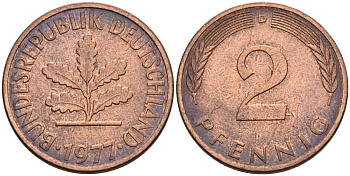 ФРГ 2 пфеннига 1977 D KM 106a, J. 381a сталь плакированная медью 4532-812