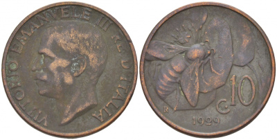 ИТАЛИЯ 10 ЧЕНТЕЗИМО 1929 R, ВИКТОРИО ИМАНУИЛ, ПЧЕЛА KM 60 медь 4544-1112