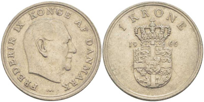 ДАНИЯ 1 КРОНА 1966 C; S, ФРЕДЕРИК IX (1947-1972) KM 851.1 медно-никель 95-421