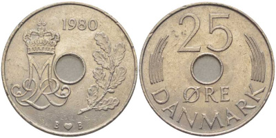 ДАНИЯ 25 ЭРЕ 1980 B;B, МАРГРЕТЕ II (1972-) KM 861.2 медно-никель 202-747