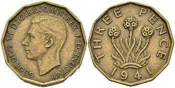 Великобритания 3 пенса 1941 Георг VI (1937-1952) KM 849, Spink 4112 никель латунь 4561-954