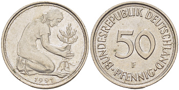 ФРГ 50 ПФЕННИГОВ 1991 F KM 109.2, J. 384а медно-никель 4182-1013