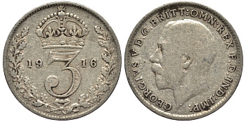 Великобритания 3 пенса 1916 Георг V (1910-1936) KM 813, Spink 4015 серебро 4528-447