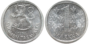 Финляндия 1 марка 1974 S KM 49а медно-никель 259-424