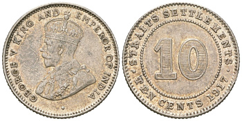 Стрейтс Сетлментс 10 центов 1917 Британская Малайя KM 29 серебро aUNC 4617-328