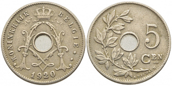 БЕЛЬГИЯ 5 САНТИМОВ 1920 BELGIE KM 67 медно-никель 112-231