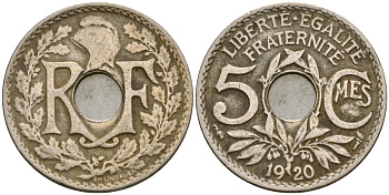 Франция 5 сантимов 1920 KM 865 медно-никель 4164-249