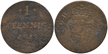 Гессен-Дармштадт 1 пфенниг 1819 GH-SM, Великий Герцог Людвиг I (1806-1830) KM 280 медь 4532-667
