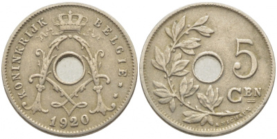 БЕЛЬГИЯ 5 САНТИМОВ 1920 BELGIE KM 67 медно-никель 112-231