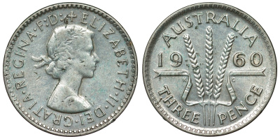 Австралия 3 пенса 1960 m, Елизавета II (1952-2022) KM 57 серебро 71-643