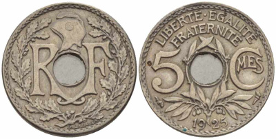 ФРАНЦИЯ 5 САНТИМОВ 1925 ТИП ЛИНДАЙЁ KM 875, LE FRANC 122.10 медно-никель 4379-347