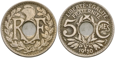 Франция 5 сантимов 1920 KM 865 медно-никель 4164-249
