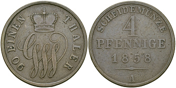 Шаумбург-Липпе 4 пфеннига 1858 А, Георг Вильгельм (1787-1860) KM 40 медь 65-631
