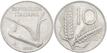 Италия 10 лир 1953 R, плуг, колосья KM 93 алюминий 4519-817