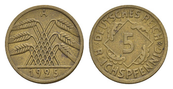 Германия 5 рейхспфеннигов 1925 A KM 39, J. 316 алюминиевая бронза 4659-151