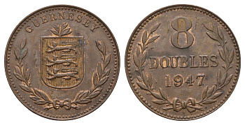 Гернси 8 даблов (дублей) 1947 KM 14 бронза 4593-523