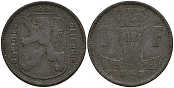 Бельгия 1 франк 1942 Belgique - Belgie, Леопольд III (1934-1947), германская оккупация, Вторая мировая война KM 127 цинк 4161-442
