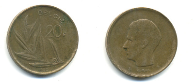 БЕЛЬГИЯ 20 ФРАНКОВ 1980 BELGIE, БОДУЭН I (1951-1993) KM 160 никель бронза 86-1412