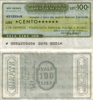 Италия 100 лир 1976 29 декабря 1976, Banca Gattolica del veneto бумага 7221-11-3-1