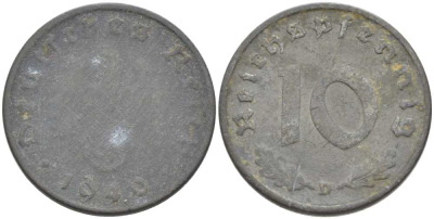 ГЕРМАНИЯ 10 РЕЙХСПФЕННИГОВ 1940 D KM 101, J. 371 цинк 210-733