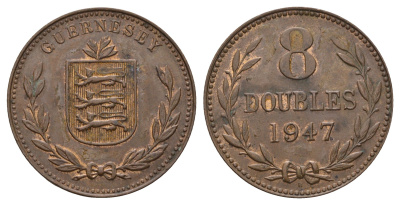 Гернси 8 даблов (дублей) 1947 KM 14 бронза 4593-523