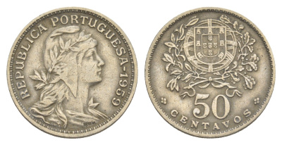 Португалия 50 сентаво 1959 голова Свободы вправо KM 577 никель латунь 4385-853