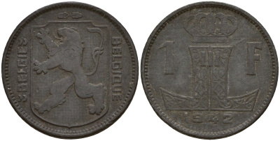 Бельгия 1 франк 1942 Belgique - Belgie, Леопольд III (1934-1947), германская оккупация, Вторая мировая война KM 127 цинк 4161-442