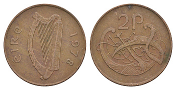Ирландия 2 пенса 1978 виньетка в виде стилизованной птицы из второй библии Карла II Лысого KM 21 бронза 4514-1157