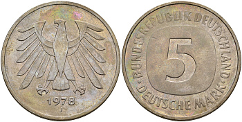ФРГ 5 марок 1978 J  KM 140.1, J. 415 никель покрытый медно-никелем    4149-522