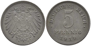 ГЕРМАНИЯ 5 ПФЕННИГОВ 1919 E KM 19, J. 297 железо 105-867