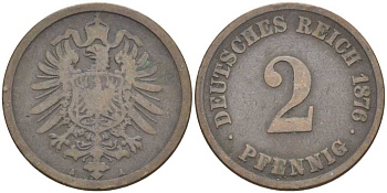 ГЕРМАНИЯ 2 ПФЕННИГА 1876 A, СТАРОГЕРБОВКА KM 2, J. 2, Weege 3 медь 212-614