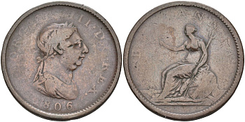 Великобритания 1 пенни 1806 Георг III (1760-1820) KM 663, Spink 3780 медь 4368-725