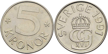 Швеция 5 крон 1991 D, Карл XVI Густав (1973- ) KM 853 медно-никель 4517-531