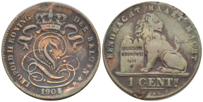 БЕЛЬГИЯ 1 САНТИМ 1902 BELGEN KM 34.1 медь 116-723