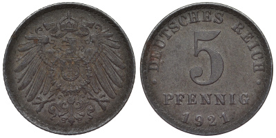Германия 5 пфеннигов 1921 A KM 19, J. 297, Weege 5 железо 4118-1217