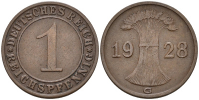 Германия 1 рейхспфенниг 1928 G KM 37, J.313, Weege 2 медь 4585-568
