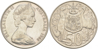 Австралия 50 центов 1966 Елизавета II (1952-2022), герб Австралии, кенгуру KM 67 серебро UNC 69-1023