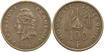Французская Новая Каледония 100 франков 2004 хижина среди сосен и пальм, (IEOM) KM 15, Schoen 16, Lec 139h никель бронза 111-145